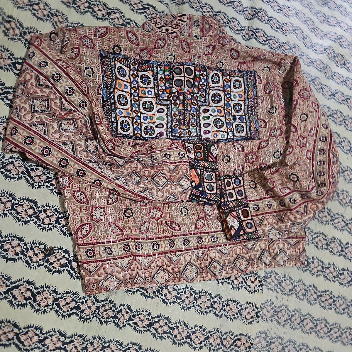 Cotton Kantha Fabric Bomber Jacket from Open Hearts Mend, designed to fit sizes 8 to 12. Each jacket is a unique expression of recycled fashion."