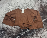  Hand-Dyed Cotton Wrap Tops from Open Hearts Mend, featuring sleeves and a waistline wrap design for sizes 8 to 12. Available in earthy hues reflecting natural beauty."