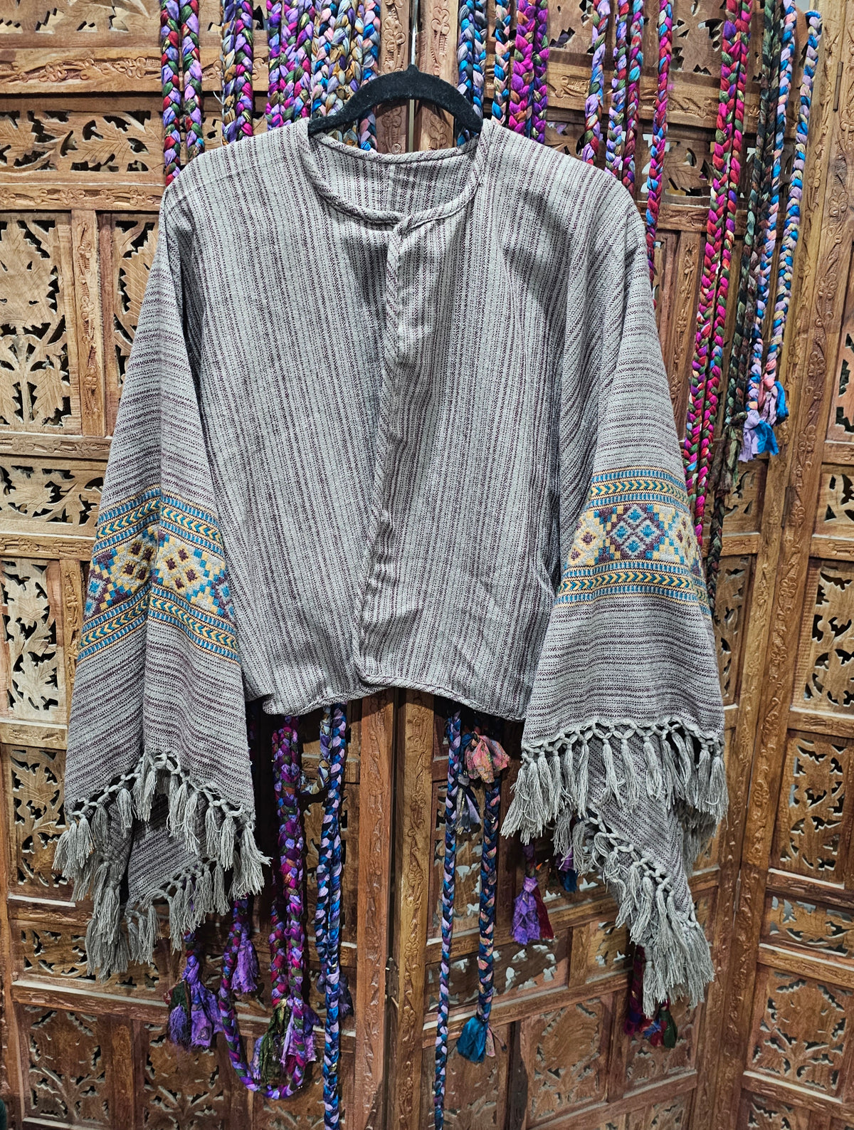 Cotton Wool Blend Rajasthan Blanket Jacket with long, wide sleeves, designed for sizes 10 to 18. Sustainable fashion made from repurposed traditional textiles."  