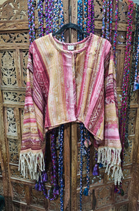 Cotton Wool Blend Rajasthan Blanket Jacket with long, wide sleeves, designed for sizes 10 to 18. Sustainable fashion made from repurposed traditional textiles."  