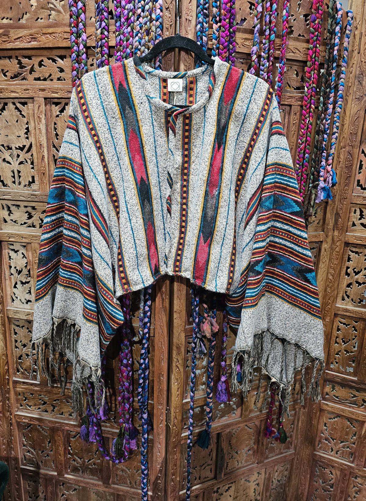 Cotton Wool Blend Rajasthan Blanket Jacket with long, wide sleeves, designed for sizes 10 to 18. Sustainable fashion made from repurposed traditional textiles."  