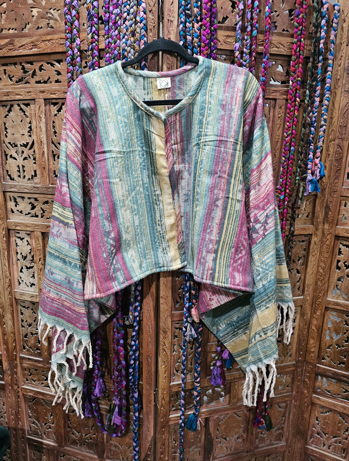 Cotton Wool Blend Rajasthan Blanket Jacket with long, wide sleeves, designed for sizes 10 to 18. Sustainable fashion made from repurposed traditional textiles."  