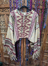 Cotton Wool Blend Rajasthan Blanket Jacket with long, wide sleeves, designed for sizes 10 to 18. Sustainable fashion made from repurposed traditional textiles."  