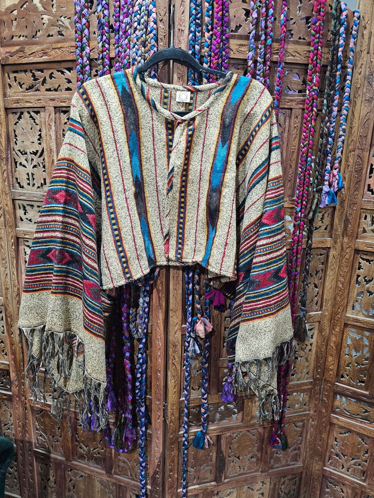 Cotton Wool Blend Rajasthan Blanket Jacket with long, wide sleeves, designed for sizes 10 to 18. Sustainable fashion made from repurposed traditional textiles."  