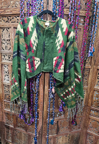 Cotton Wool Blend Rajasthan Blanket Jacket with long, wide sleeves, designed for sizes 10 to 18. Sustainable fashion made from repurposed traditional textiles."  