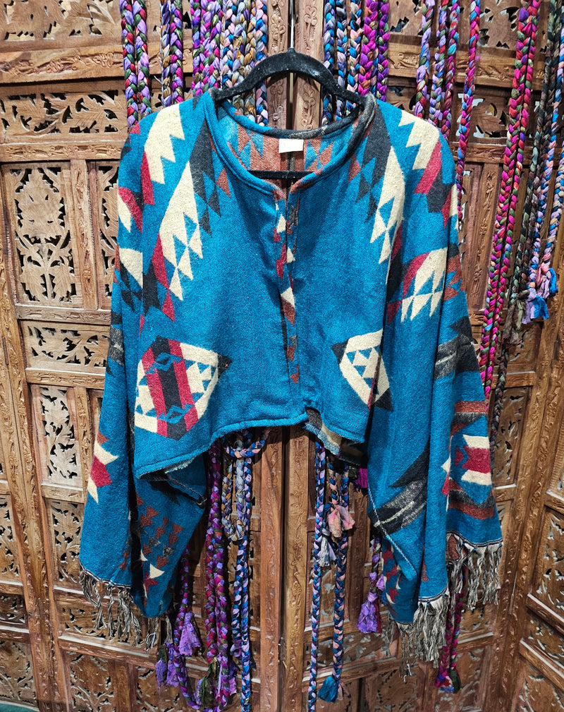 Cotton Wool Blend Rajasthan Blanket Jacket with long, wide sleeves, designed for sizes 10 to 18. Sustainable fashion made from repurposed traditional textiles."  