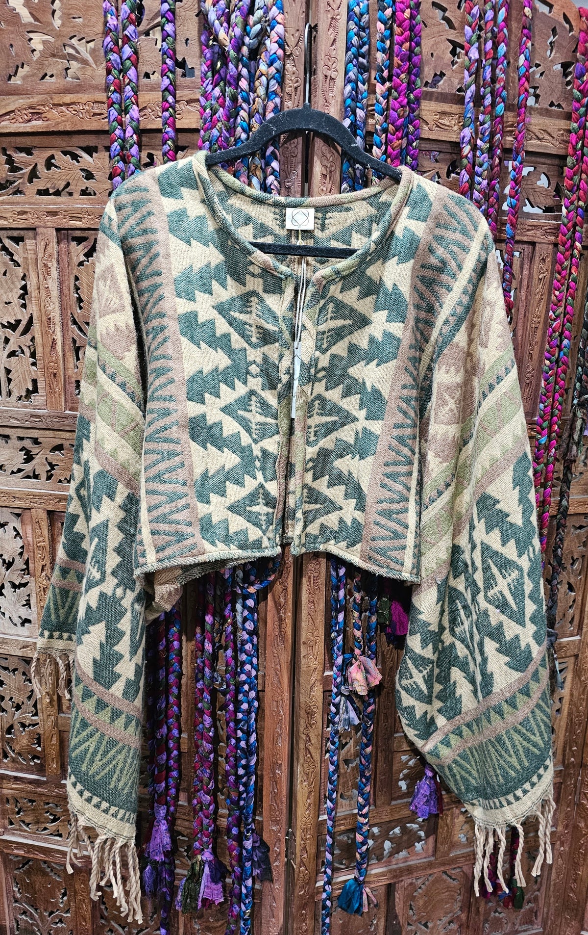 Cotton Wool Blend Rajasthan Blanket Jacket with long, wide sleeves, designed for sizes 10 to 18. Sustainable fashion made from repurposed traditional textiles."  