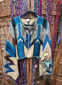 Cotton Wool Blend Rajasthan Blanket Jacket with long, wide sleeves, designed for sizes 10 to 18. Sustainable fashion made from repurposed traditional textiles."  