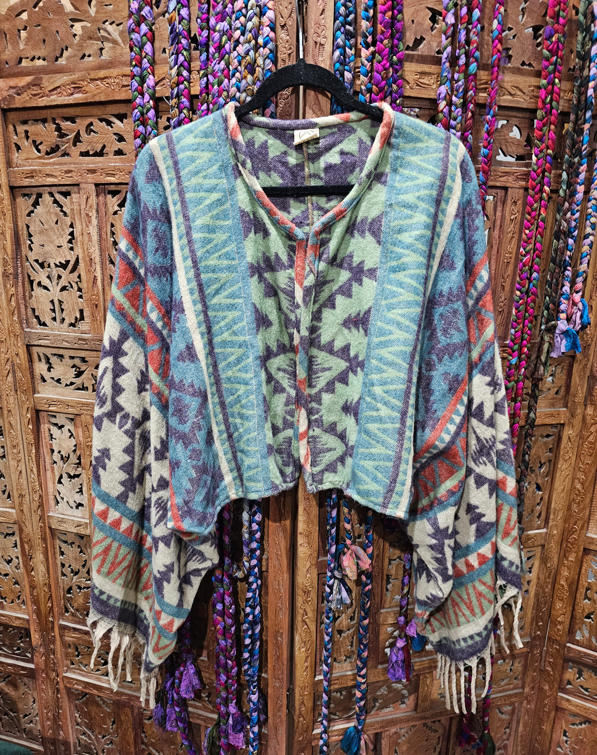 Cotton Wool Blend Rajasthan Blanket Jacket with long, wide sleeves, designed for sizes 10 to 18. Sustainable fashion made from repurposed traditional textiles."  