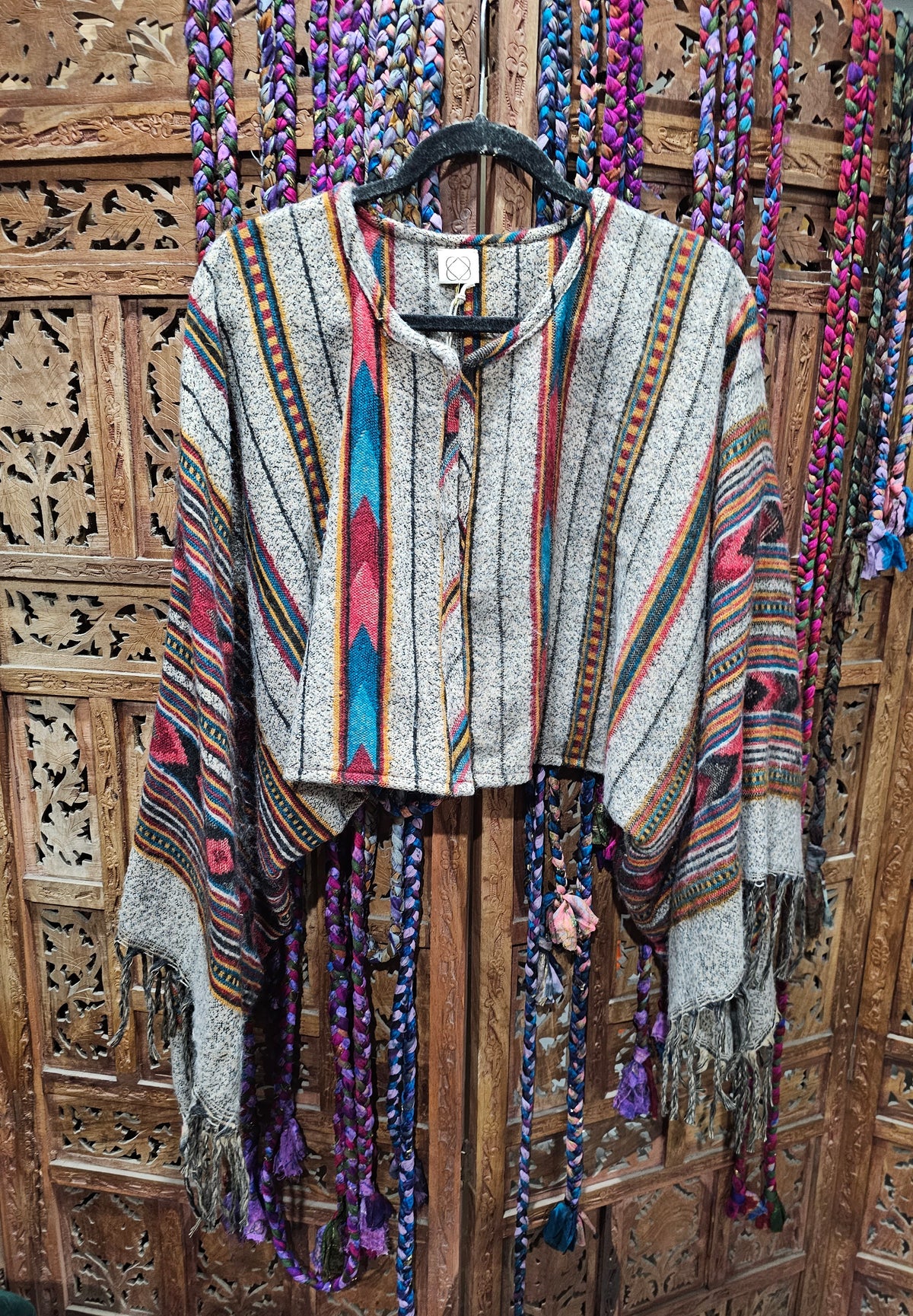 Cotton Wool Blend Rajasthan Blanket Jacket with long, wide sleeves, designed for sizes 10 to 18. Sustainable fashion made from repurposed traditional textiles."  