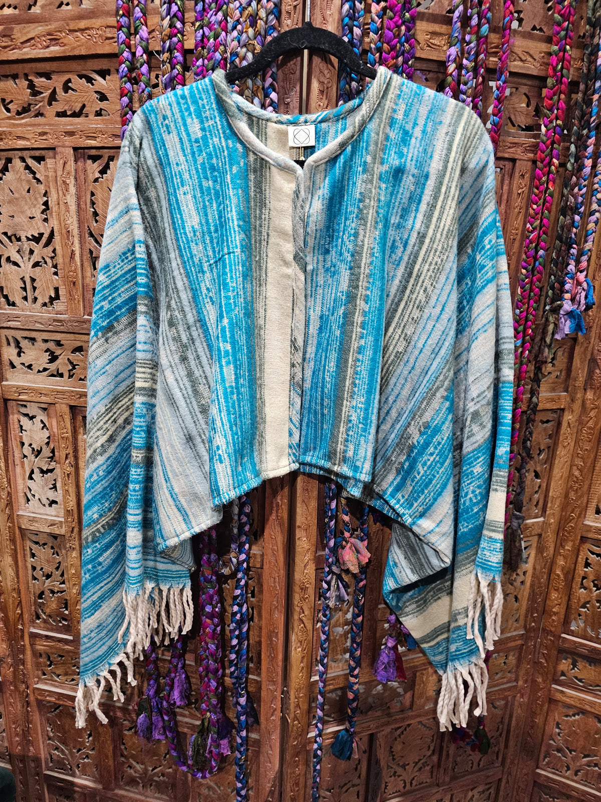 Cotton Wool Blend Rajasthan Blanket Jacket with long, wide sleeves, designed for sizes 10 to 18. Sustainable fashion made from repurposed traditional textiles."  