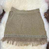 Cotton Mini Skirt with Frayed Edges from Open Hearts Mend, featuring soft and breathable cotton fabric, chic frayed hemline, and front pockets. Available in three stunning colors.