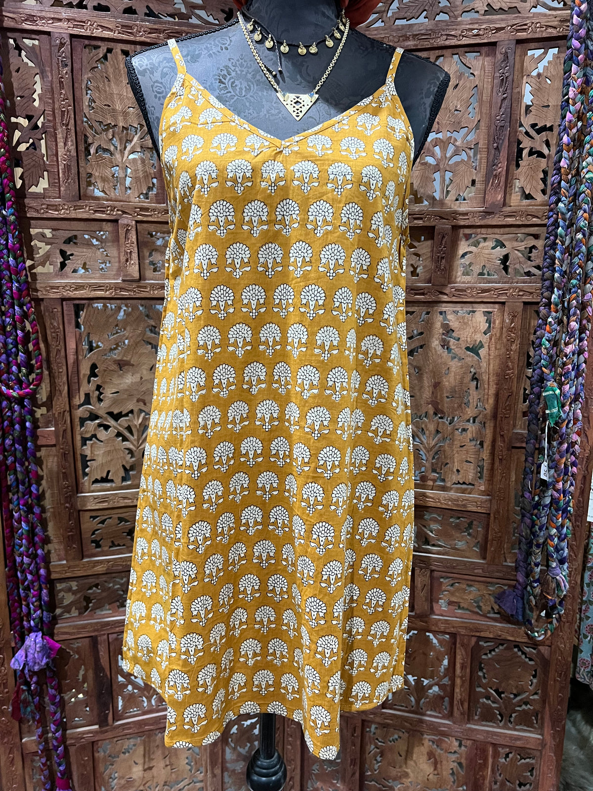 Devi Mini Dress in lightweight block print fabric, available in Small/Medium and Medium/Large. Perfect day-to-night wear with versatile, captivating prints.