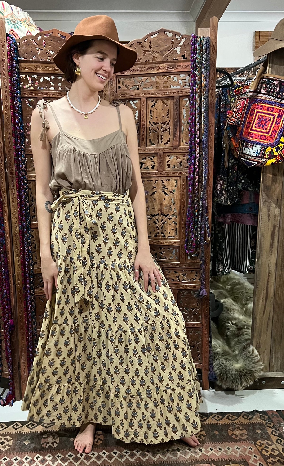 Gypsy Cotton Wrap Skirt from Open Hearts Mend, featuring high-quality block print cotton with intricate patterns. Free-size design fits sizes 8 to 16.