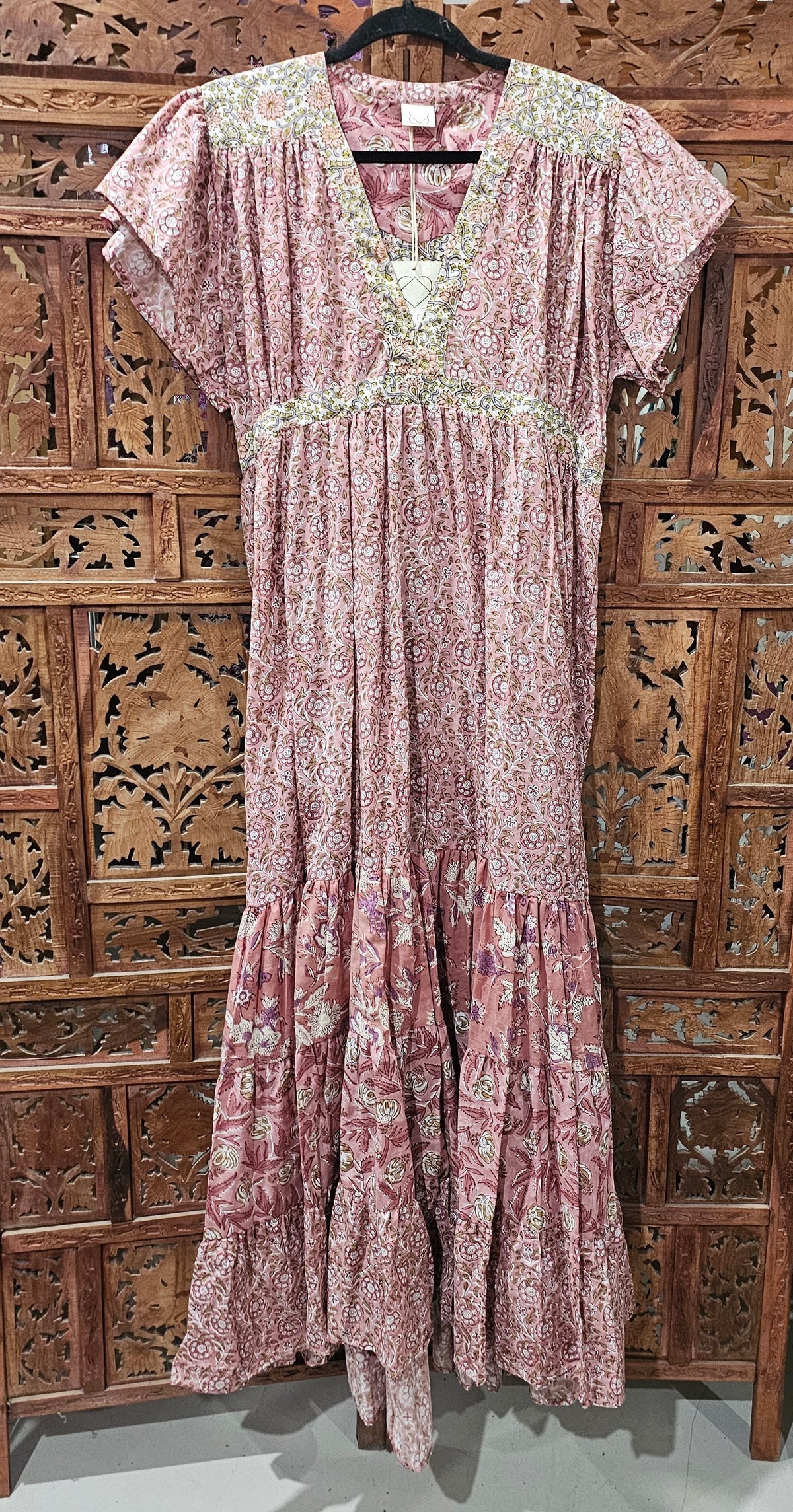 "Cotton block print cap sleeve maxi dress with floor-length design, available in S/M and M/L for versatile elegance."