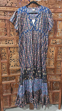 "Cotton block print cap sleeve maxi dress with floor-length design, available in S/M and M/L for versatile elegance."