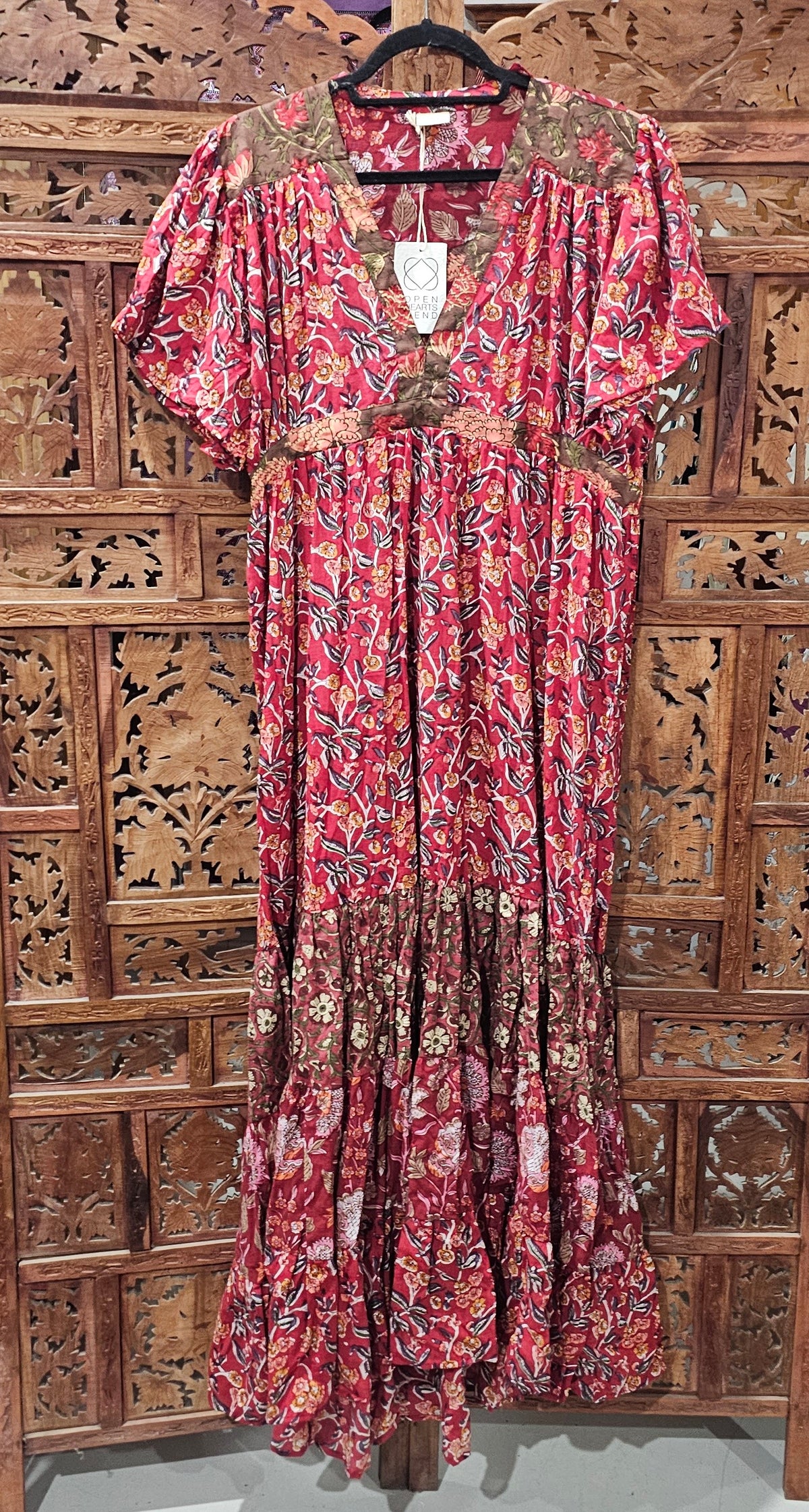 "Cotton block print cap sleeve maxi dress with floor-length design, available in S/M and M/L for versatile elegance."