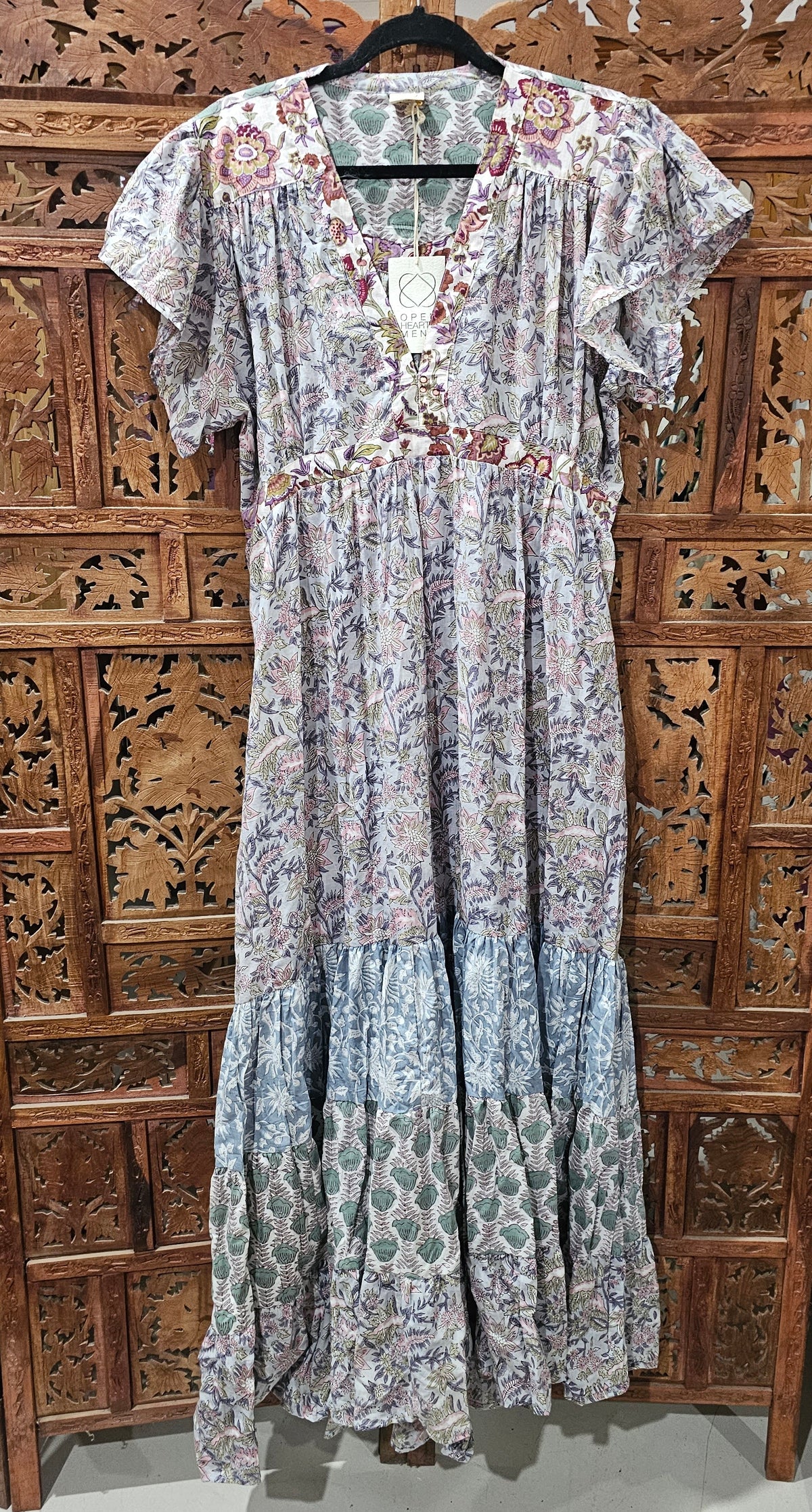 "Cotton block print cap sleeve maxi dress with floor-length design, available in S/M and M/L for versatile elegance."