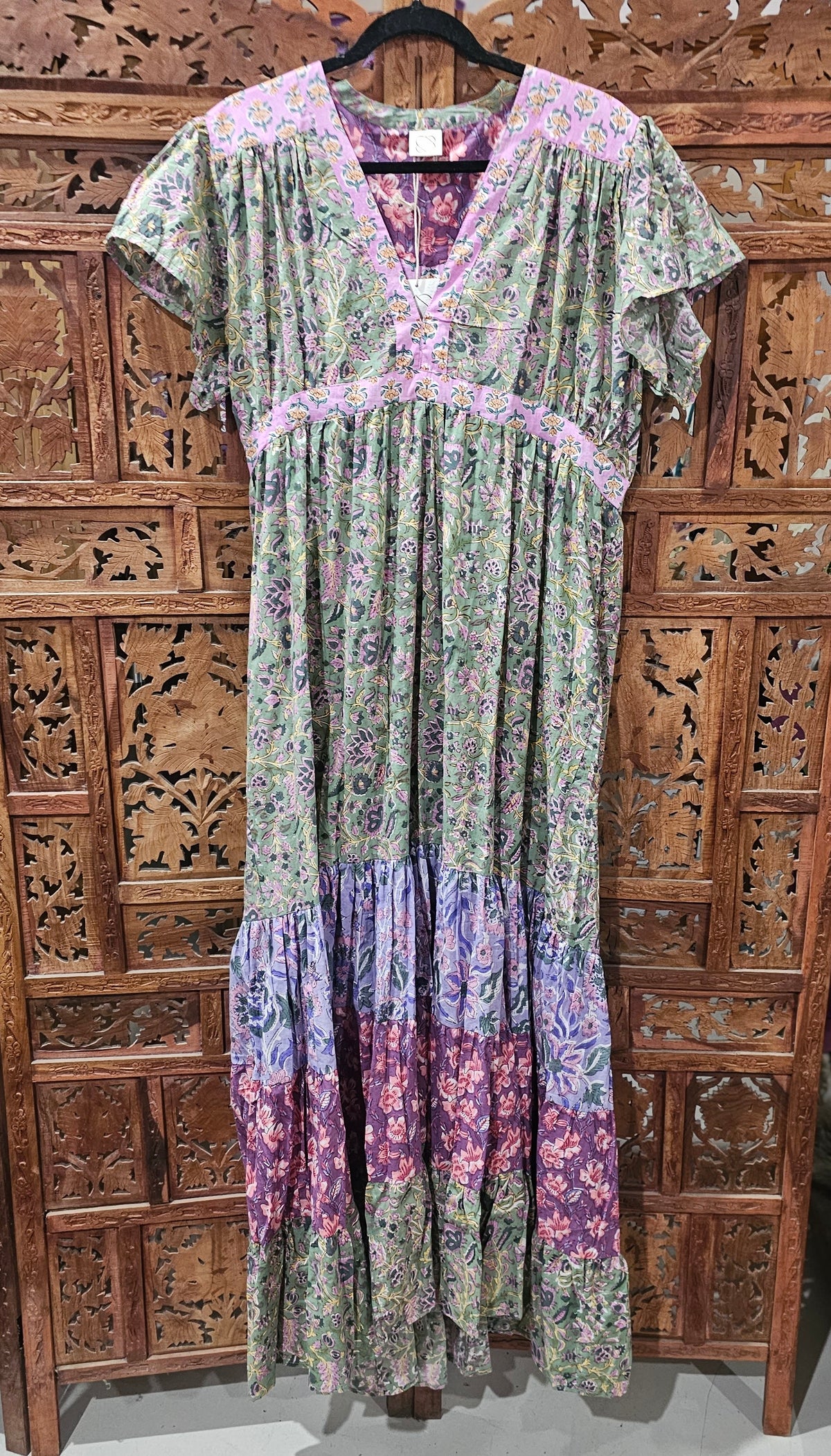 "Cotton block print cap sleeve maxi dress with floor-length design, available in S/M and M/L for versatile elegance."