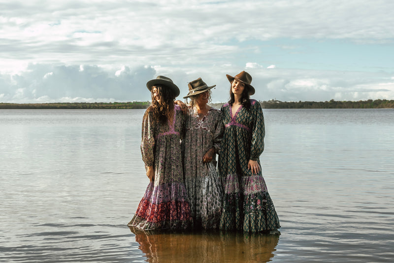 "Cotton Block Print Long Sleeve Maxi Dress – Floor-length dress with block print design, sizes 8-12 and 12-16, crafted from breathable cotton."