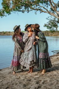 "Cotton Block Print Long Sleeve Maxi Dress – Floor-length dress with block print design, sizes 8-12 and 12-16, crafted from breathable cotton."