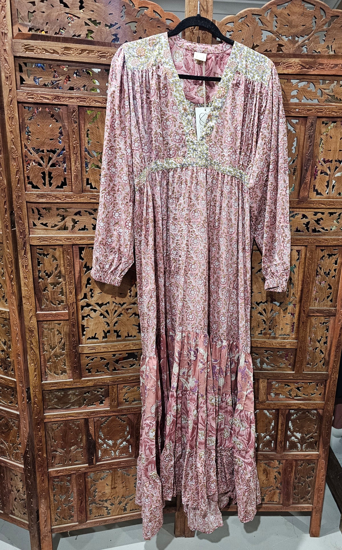 "Cotton Block Print Long Sleeve Maxi Dress – Floor-length dress with block print design, sizes 8-12 and 12-16, crafted from breathable cotton."