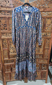 "Cotton Block Print Long Sleeve Maxi Dress – Floor-length dress with block print design, sizes 8-12 and 12-16, crafted from breathable cotton."