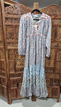 "Cotton Block Print Long Sleeve Maxi Dress – Floor-length dress with block print design, sizes 8-12 and 12-16, crafted from breathable cotton."