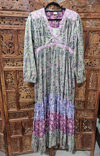 "Cotton Block Print Long Sleeve Maxi Dress – Floor-length dress with block print design, sizes 8-12 and 12-16, crafted from breathable cotton."