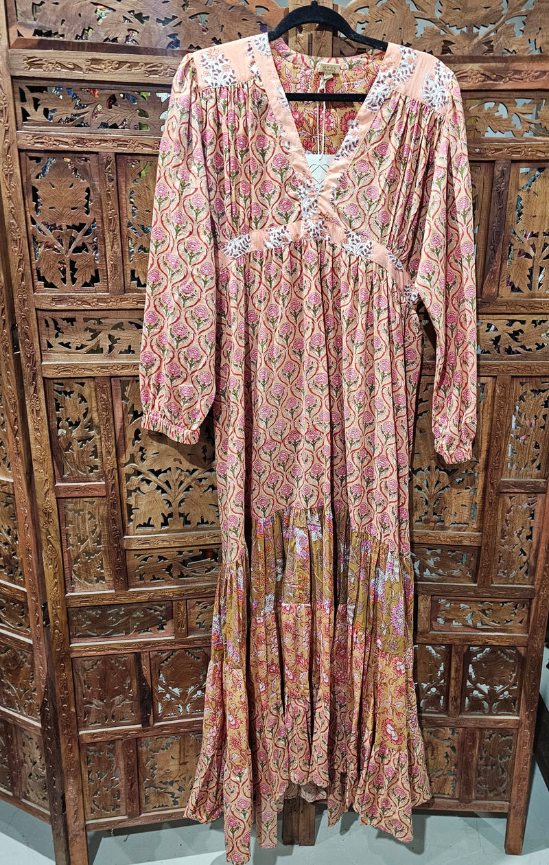 "Cotton Block Print Long Sleeve Maxi Dress – Floor-length dress with block print design, sizes 8-12 and 12-16, crafted from breathable cotton."