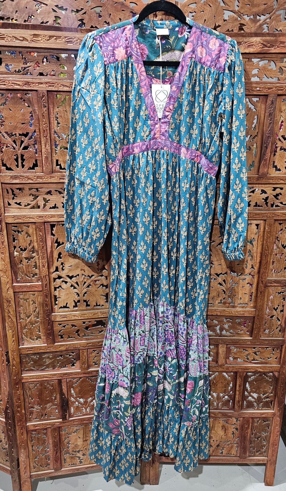 "Cotton Block Print Long Sleeve Maxi Dress – Floor-length dress with block print design, sizes 8-12 and 12-16, crafted from breathable cotton."