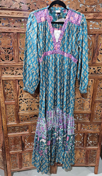 "Cotton Block Print Long Sleeve Maxi Dress – Floor-length dress with block print design, sizes 8-12 and 12-16, crafted from breathable cotton."