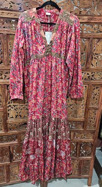 "Cotton Block Print Long Sleeve Maxi Dress – Floor-length dress with block print design, sizes 8-12 and 12-16, crafted from breathable cotton."