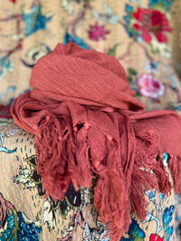 Hand-Dyed Cotton Scarves from Open Hearts Mend, measuring 58 x 172 cm, featuring unique, ever-changing colors and soft, breathable cotton.