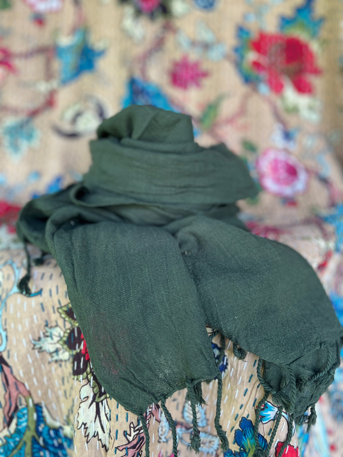 Hand-Dyed Cotton Scarves from Open Hearts Mend, measuring 58 x 172 cm, featuring unique, ever-changing colors and soft, breathable cotton.