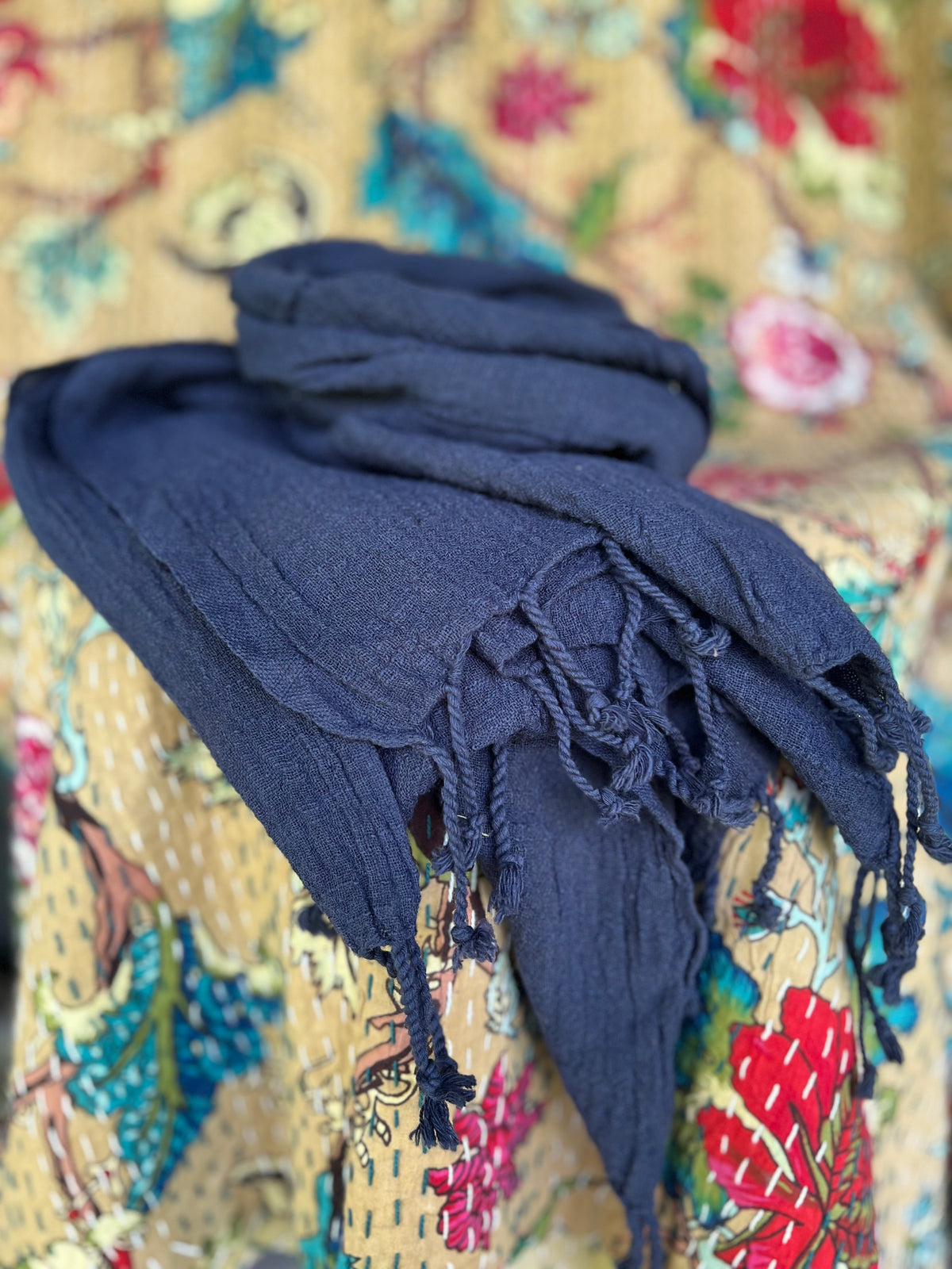 Hand-Dyed Cotton Scarves from Open Hearts Mend, measuring 58 x 172 cm, featuring unique, ever-changing colors and soft, breathable cotton.