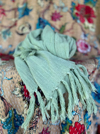 Hand-Dyed Cotton Scarves from Open Hearts Mend, measuring 58 x 172 cm, featuring unique, ever-changing colors and soft, breathable cotton.