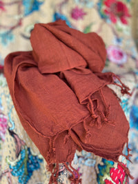 Hand-Dyed Cotton Scarves from Open Hearts Mend, measuring 58 x 172 cm, featuring unique, ever-changing colors and soft, breathable cotton.