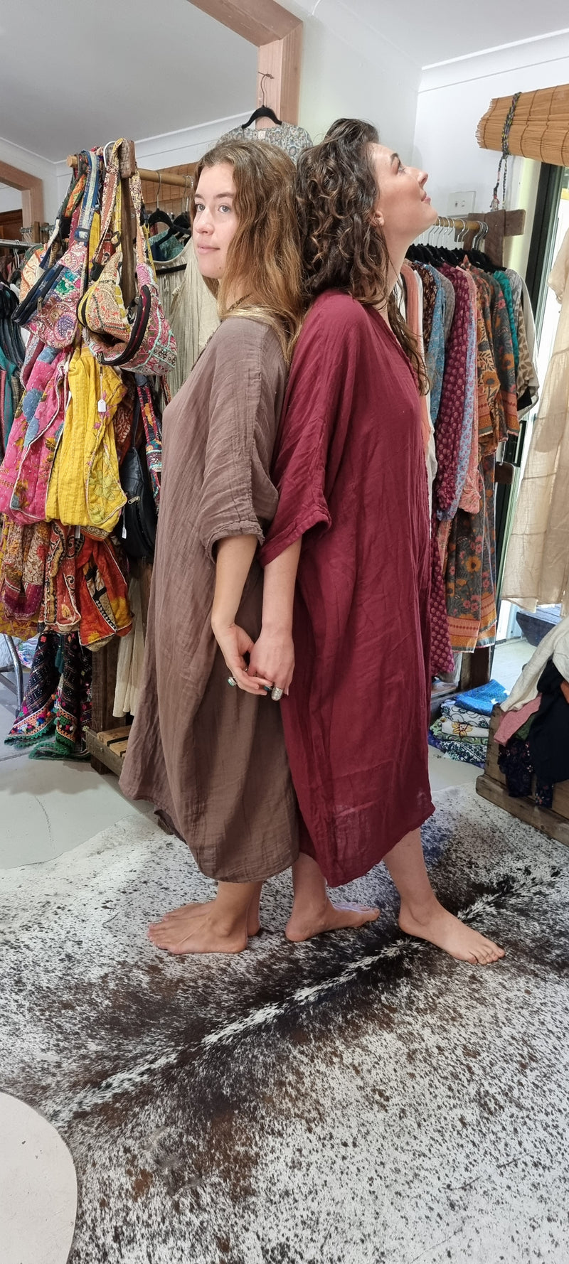 "Hand-dyed Cairo dress in soft 100% cotton, available in sizes 10-20 and colors White, Mocha, Maroon, Fern, Turmeric, Musk, Jungle, and Cream."