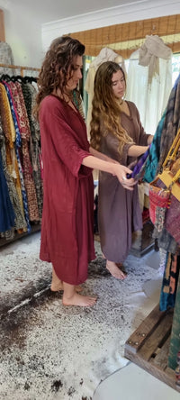 "Hand-dyed Cairo dress in soft 100% cotton, available in sizes 10-20 and colors White, Mocha, Maroon, Fern, Turmeric, Musk, Jungle, and Cream."