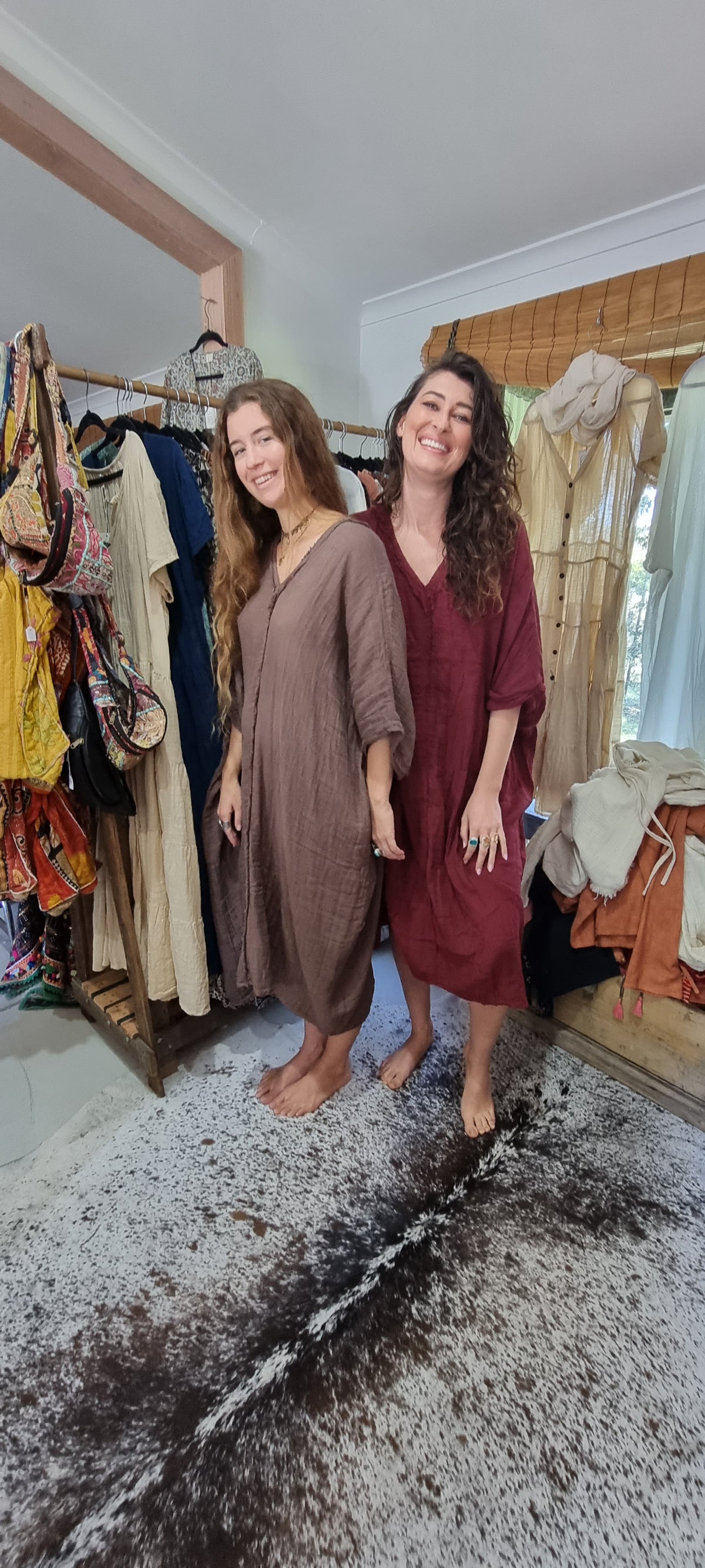 "Hand-dyed Cairo dress in soft 100% cotton, available in sizes 10-20 and colors White, Mocha, Maroon, Fern, Turmeric, Musk, Jungle, and Cream."