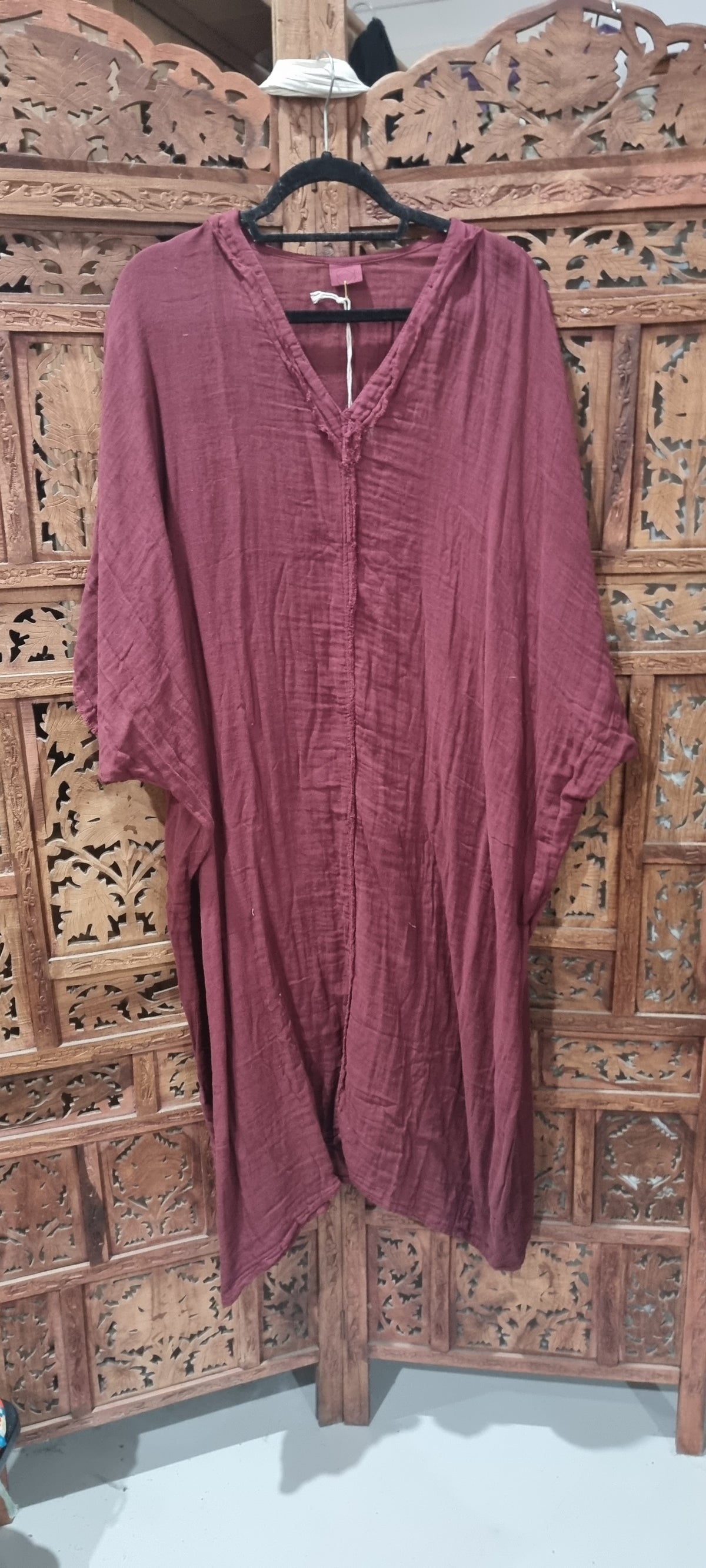 "Hand-dyed Cairo dress in soft 100% cotton, available in sizes 10-20 and colors White, Mocha, Maroon, Fern, Turmeric, Musk, Jungle, and Cream."