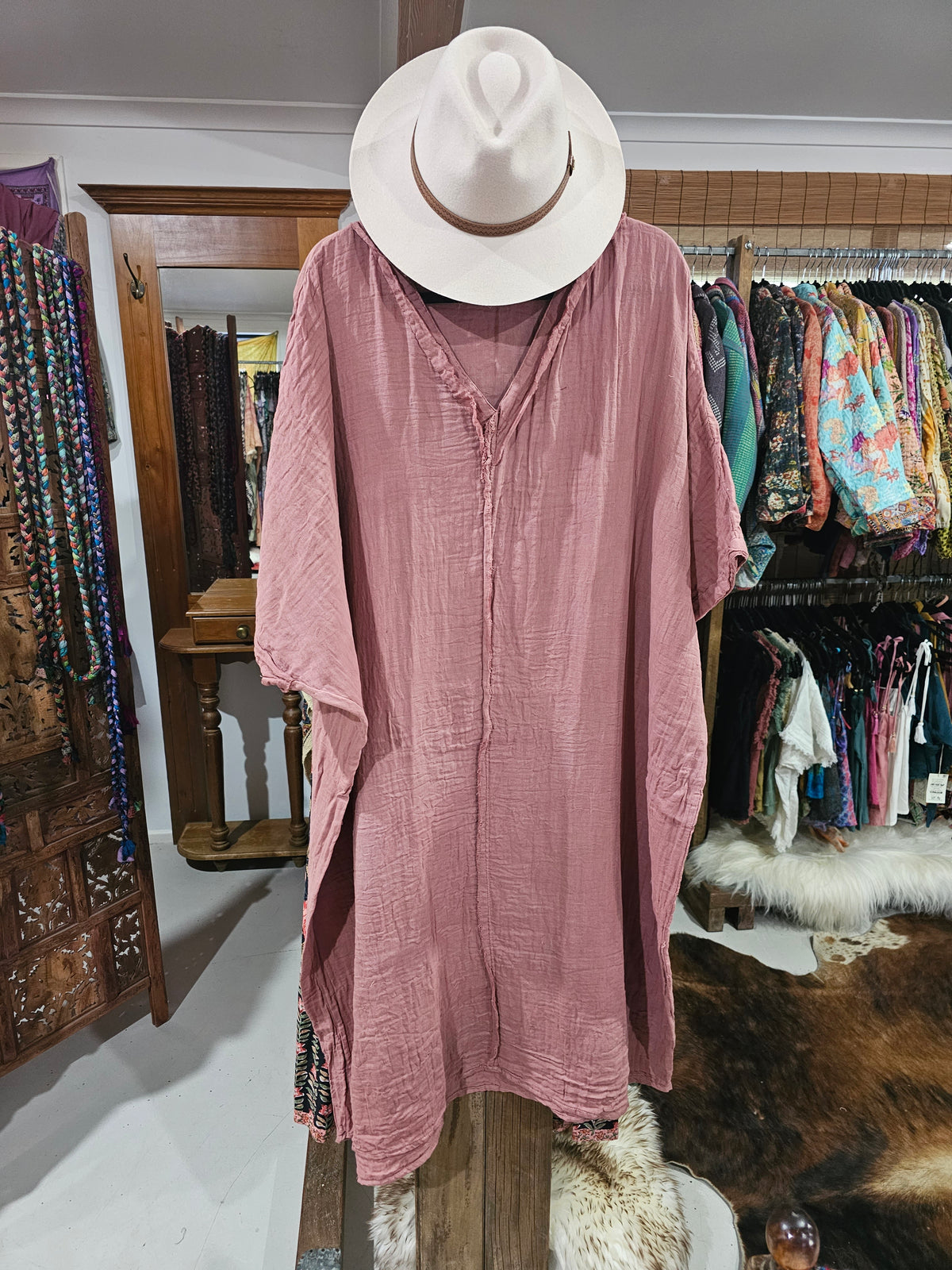 "Hand-dyed Cairo dress in soft 100% cotton, available in sizes 10-20 and colors White, Mocha, Maroon, Fern, Turmeric, Musk, Jungle, and Cream."