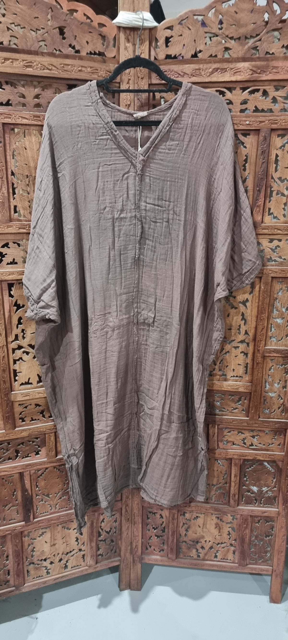 "Hand-dyed Cairo dress in soft 100% cotton, available in sizes 10-20 and colors White, Mocha, Maroon, Fern, Turmeric, Musk, Jungle, and Cream."