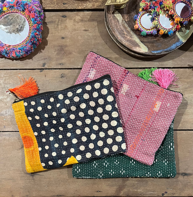 "Handmade Kantha purses with vibrant embroidery, measuring  25cm in length and 20cm in height, perfect for carrying essentials with cultural charm." 