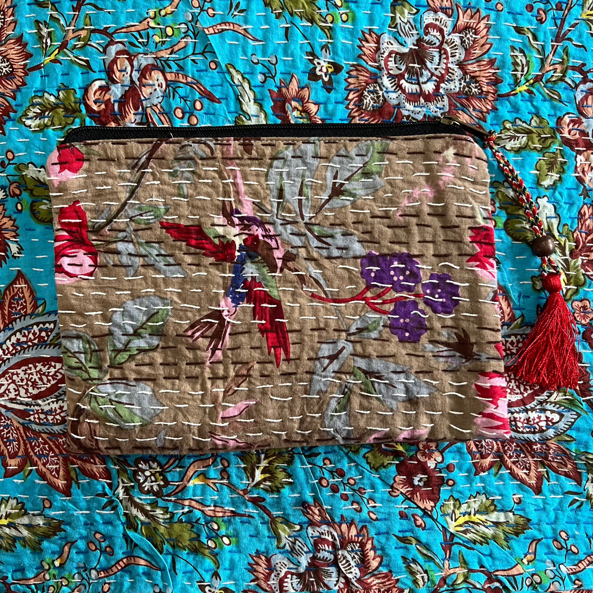 "Handmade Kantha purses with vibrant embroidery, measuring  25cm in length and 20cm in height, perfect for carrying essentials with cultural charm." 