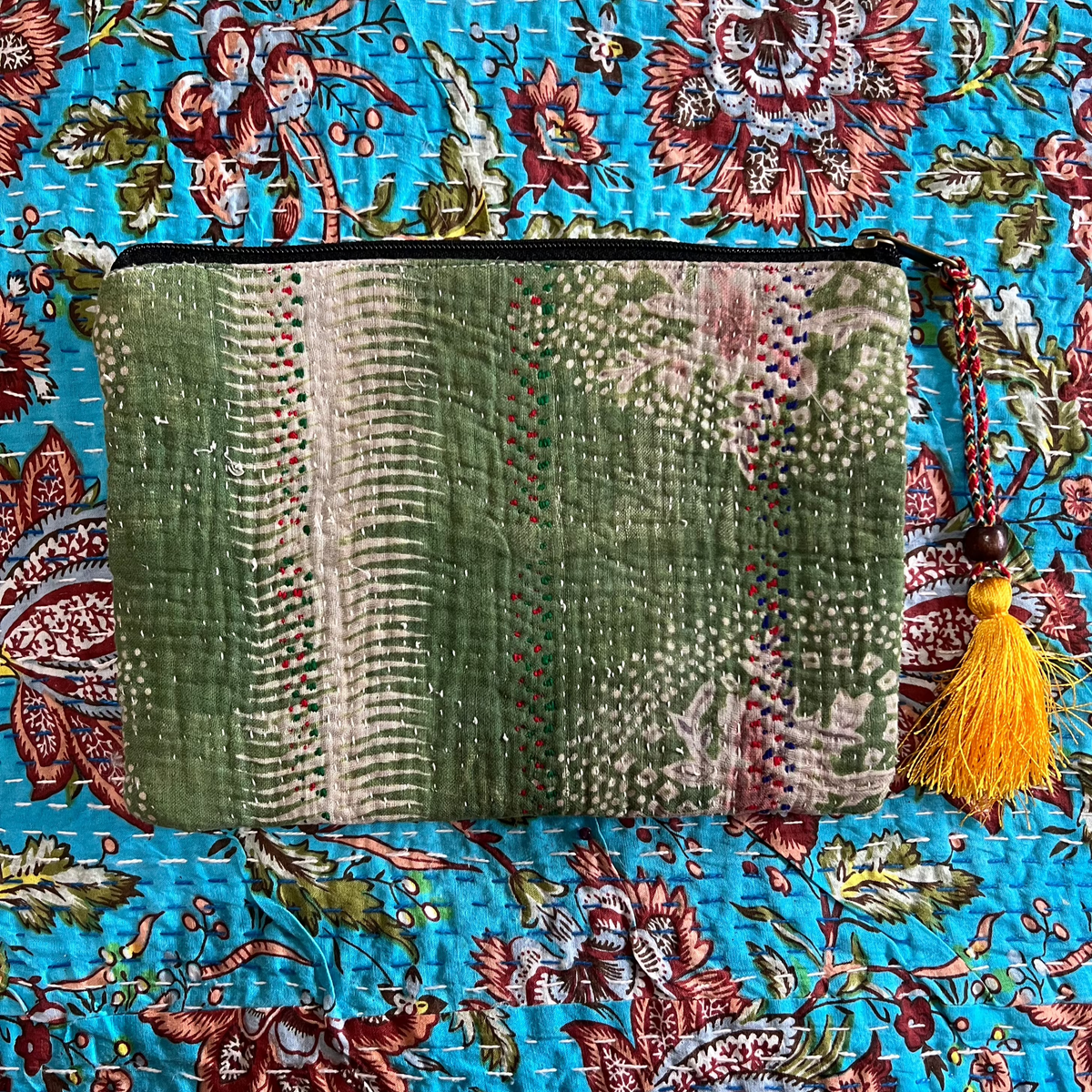 "Handmade Kantha purses with vibrant embroidery, measuring  25cm in length and 20cm in height, perfect for carrying essentials with cultural charm." 