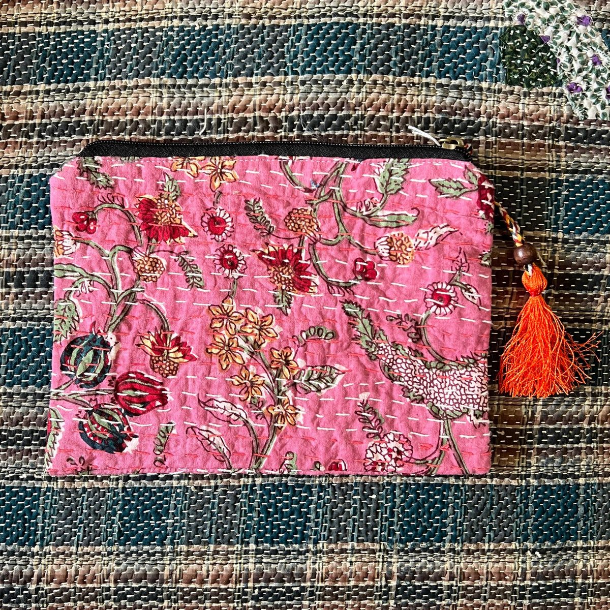 "Handmade Kantha purses with vibrant embroidery, measuring  25cm in length and 20cm in height, perfect for carrying essentials with cultural charm." 