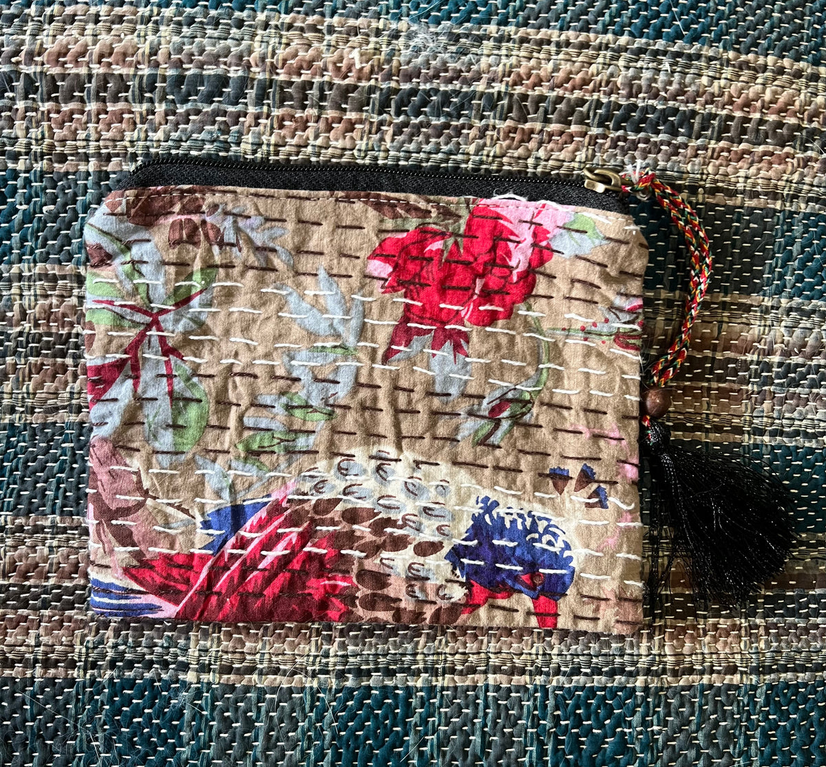 "Handmade Kantha purses with vibrant embroidery, measuring 18cm-21cm in length and 14cm in height, perfect for carrying essentials with cultural charm." 