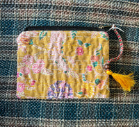 "Handmade Kantha purses with vibrant embroidery, measuring 18cm-21cm in length and 14cm in height, perfect for carrying essentials with cultural charm." 